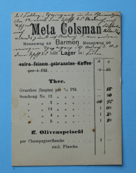 Rechnung Karte Elberfeld Barmen Wuppertal 1900 Meta Colsman Neuenweg 46 Kaffee Tee Olivenöl Architektur Ortsansicht NRW
